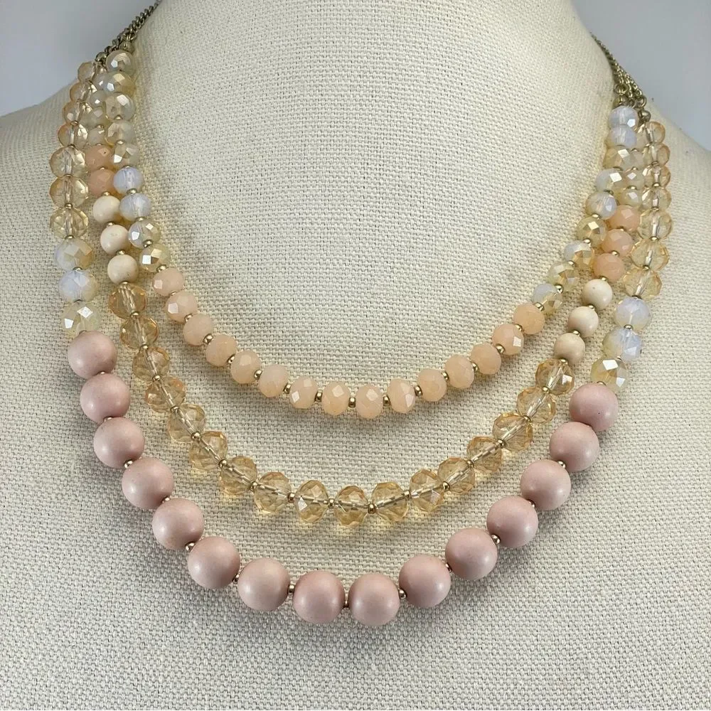 The Limited Gold Tone Blush Angle White Glass Wood Beaded Multi Layered Necklace